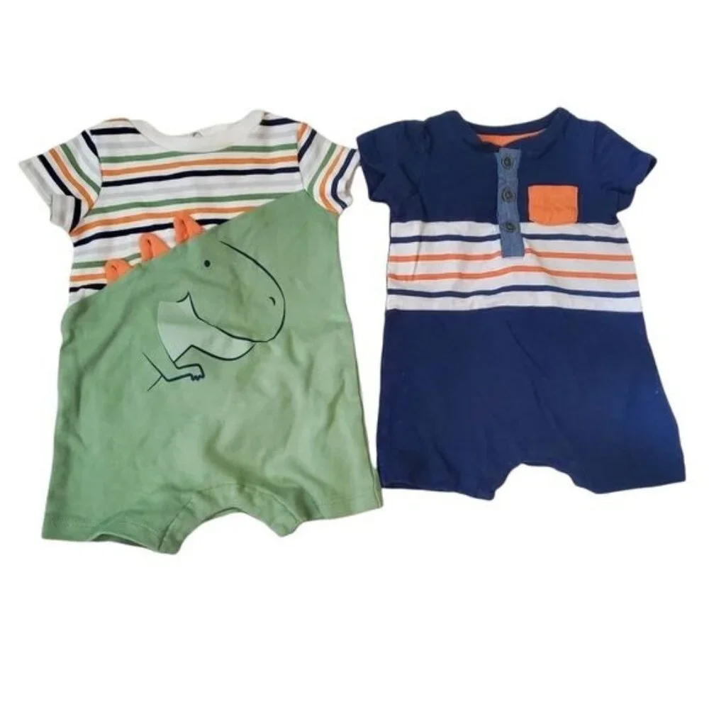 Kids Headquarters Rompers 3 Months set of two striped shorts green blue dinosaur
